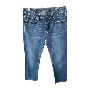 Miss Me Jeans Women’s Size 29 Boyfriend Capri Distressed Blue Denim Thick Stitch